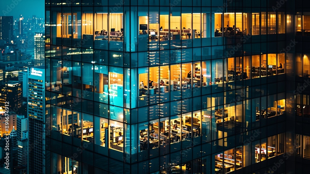 A corporate high-rise with illuminated facade and employees, set against a backdrop of city architecture A corporate high-rise with illuminated facade and employees, set against a backdrop of city architecture