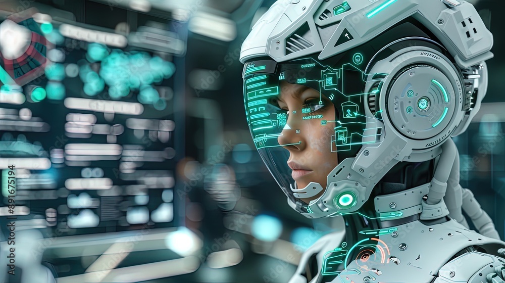 Fototapeta premium Woman engineer wearing virtual reality headset monitoring spacecraft telemetry data