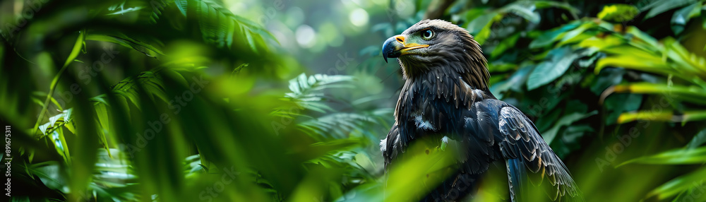 Fototapeta premium Eagle in dense forest, ultra-realistic, intricate detail, rich greenery, peaceful