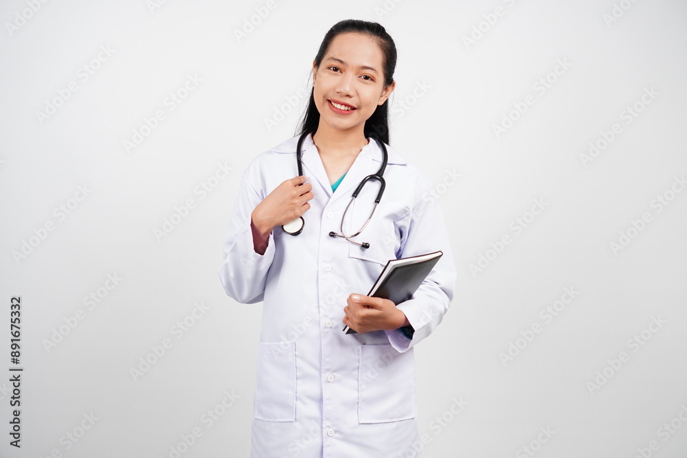 Female doctor smiling isolated background Female doctor smiling isolated background