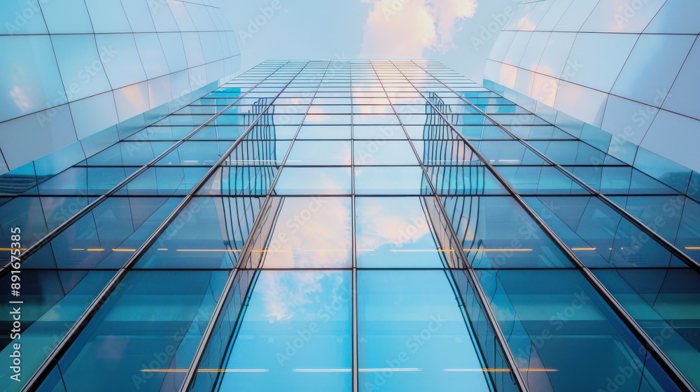 front of a tall skyscraper with glass facade