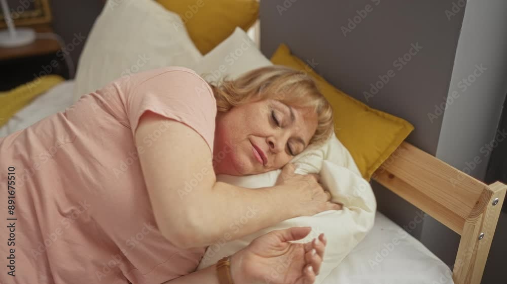An elderly woman lies in bed adjusting a pillow in the cozy interior of her bedroom with a wooden bed frame and yellow pillows.