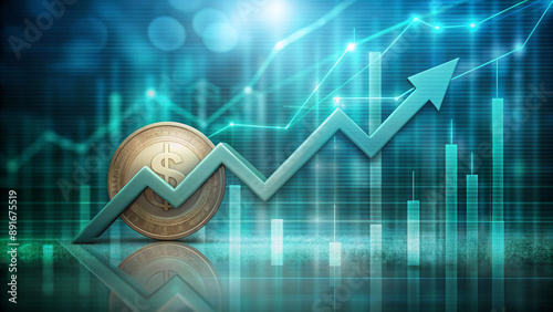 A large dollar coin stands next to a rising arrow, symbolizing financial growth. In the background, various data visualizations and charts indicate a positive economic trend.Generated by AI.