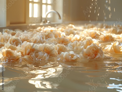 Bain relaxant avec abondance de pétales de fleurs