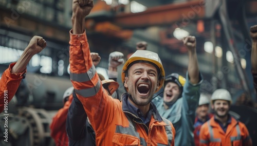 Celebrating Success: Excited Industrial Team Cheering