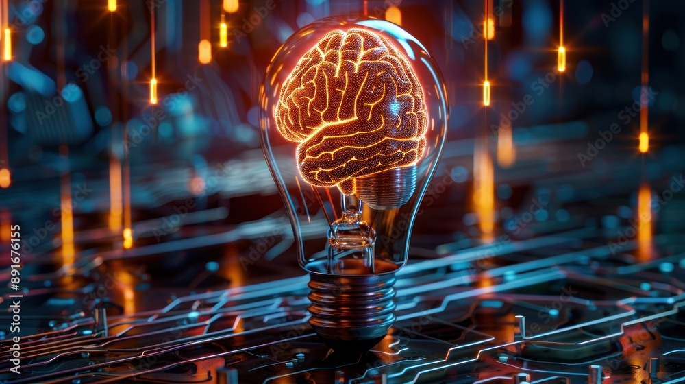 Brain inside a light bulb, with wires extending and connecting to ...