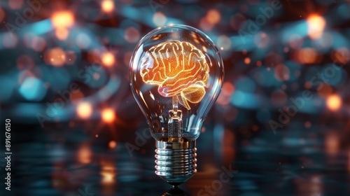 Light bulb with a brain inside, connected to digital data streams, Futuristic, Cool tones, 3D rendering, Highlighting technological advancement in neuroscience.