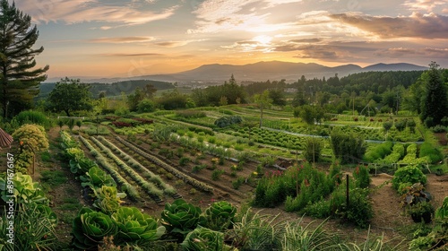 Lush Panoramic Sustainable Farm with Organic Vegetables and Fruits for Plant-Based Diets