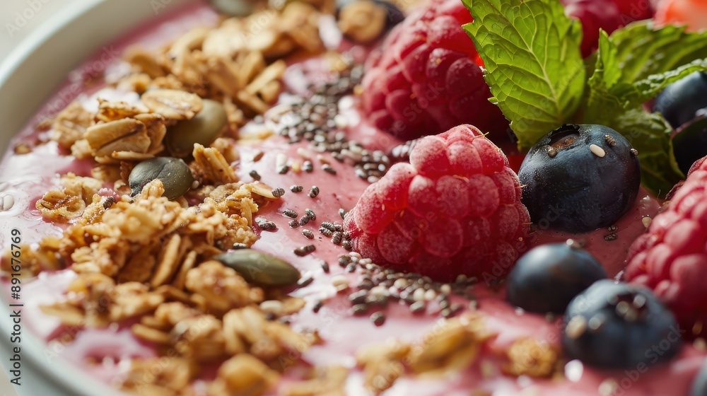 Vibrant Vegan Smoothie Bowl with Granola, Chia Seeds, and Fresh Fruit - Healthy Plant-based Breakfast Concept Vibrant Vegan Smoothie Bowl with Granola, Chia Seeds, and Fresh Fruit - Healthy Plant-based Breakfast Concept