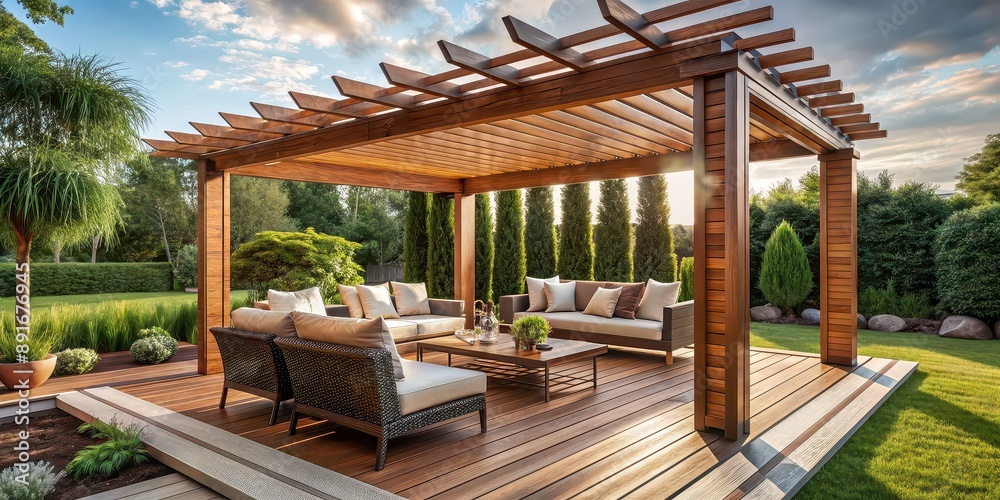 of a luxurious outdoor patio featuring a teak wood pergola surrounded by elegant decor , outdoor, patio, teak wood, pergola of a luxurious outdoor patio featuring a teak wood pergola surrounded by elegant decor , outdoor, patio, teak wood, pergola