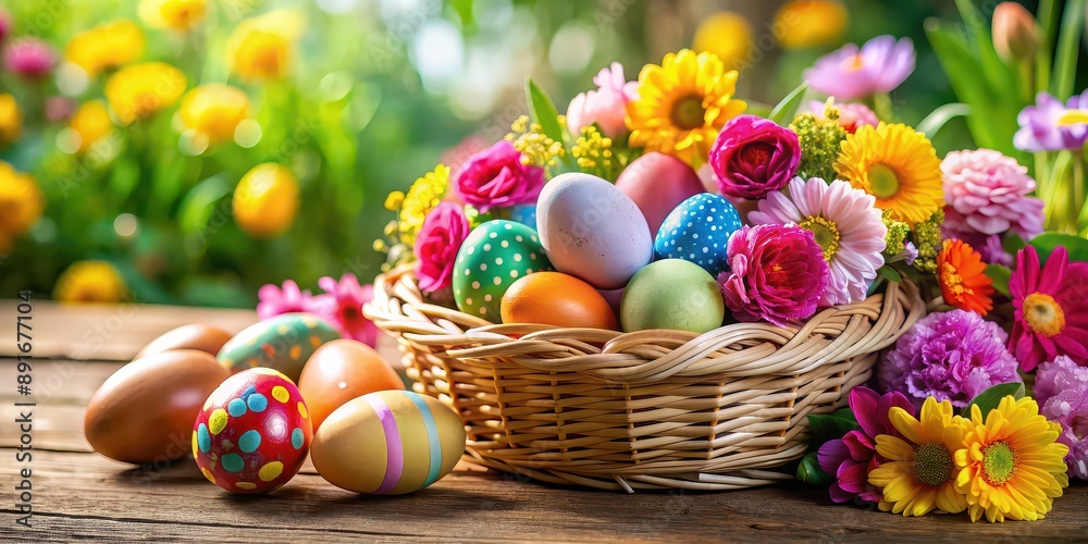 Vibrant Easter eggs in a basket surrounded by colorful flowers and decorations, Easter, celebration, spring, holiday