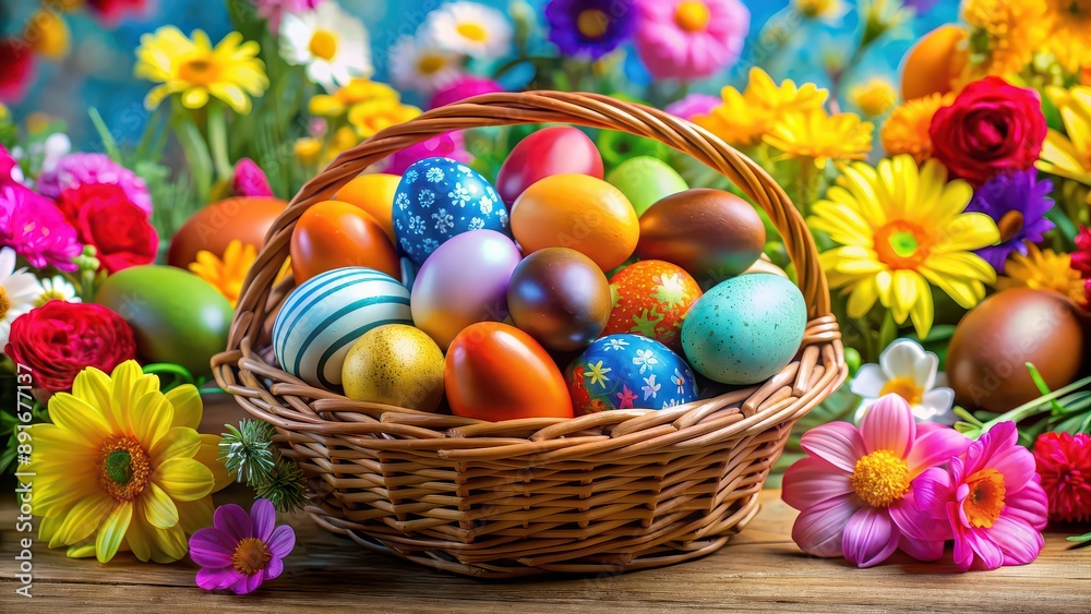 Vibrant Easter eggs in a basket surrounded by colorful flowers and decorations, Easter, celebration, spring, holiday Vibrant Easter eggs in a basket surrounded by colorful flowers and decorations, Easter, celebration, spring, holiday