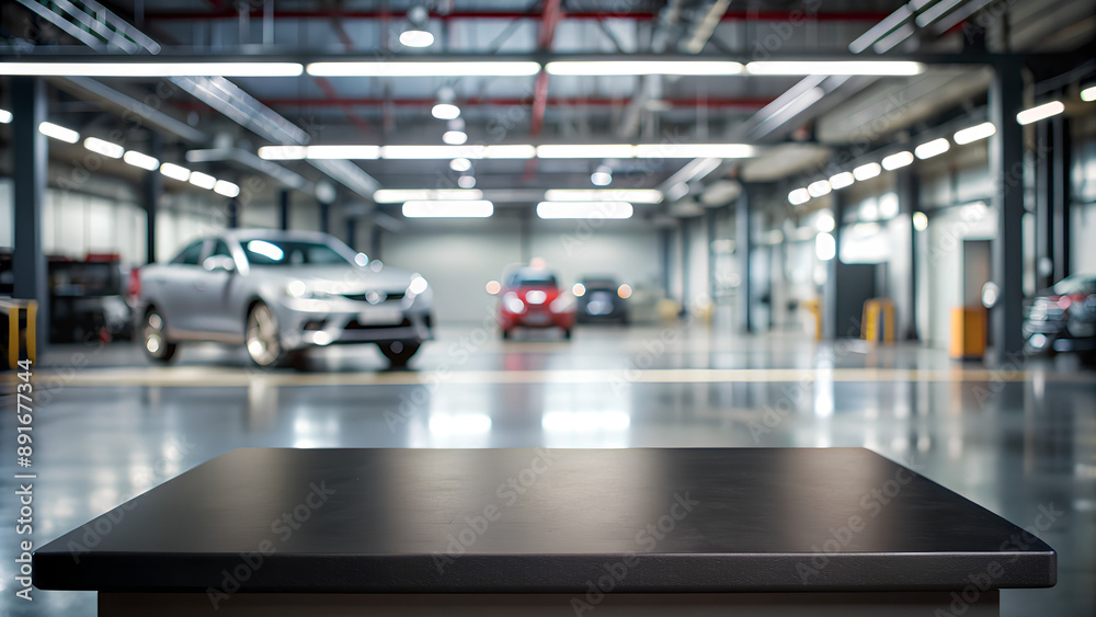 Empty black table, with blur background garage for car service, for products montage background Empty black table, with blur background garage for car service, for products montage background