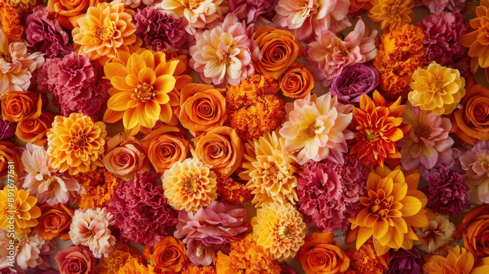 A festive flower background, adorned with vibrant marigolds and roses, perfect for celebrating weddings, festivals, and joyful occasions
