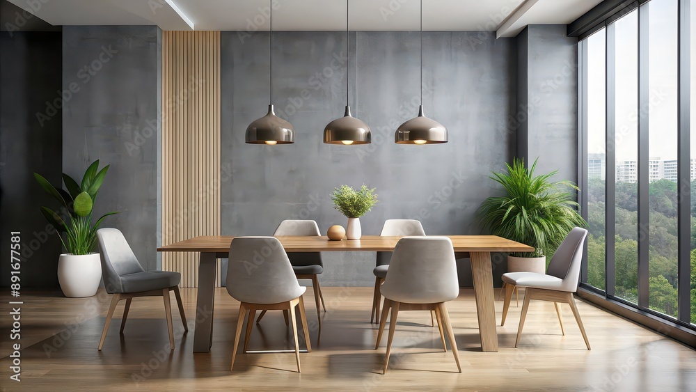 Fototapeta premium Sleek minimalist dining room with modern table, chairs, and pendant lighting, minimalist, dining area, sleek