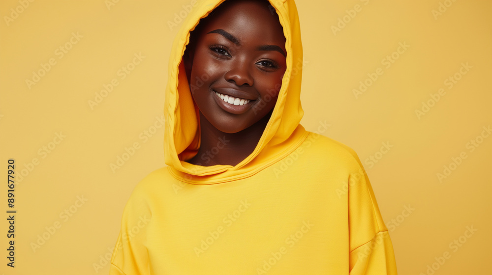Smiling Woman in Vibrant Yellow Hoodie Smiling Woman in Vibrant Yellow Hoodie