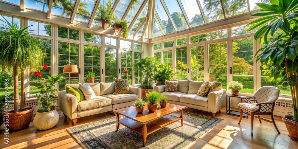 Fototapeta premium Bright sunroom with cozy seating, lush plants, and plenty of natural light , sunroom, natural light, bright
