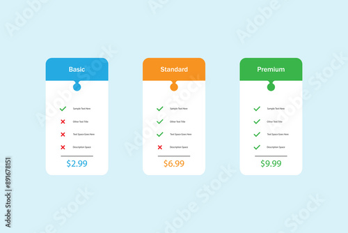 Three rectangular pricing tables or subscription plans with list of features to compare and select - light, pro, business. Neumorphic infographic design template