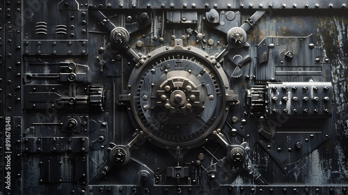 A bank vault door adorned with metal gears and intricate mechanisms