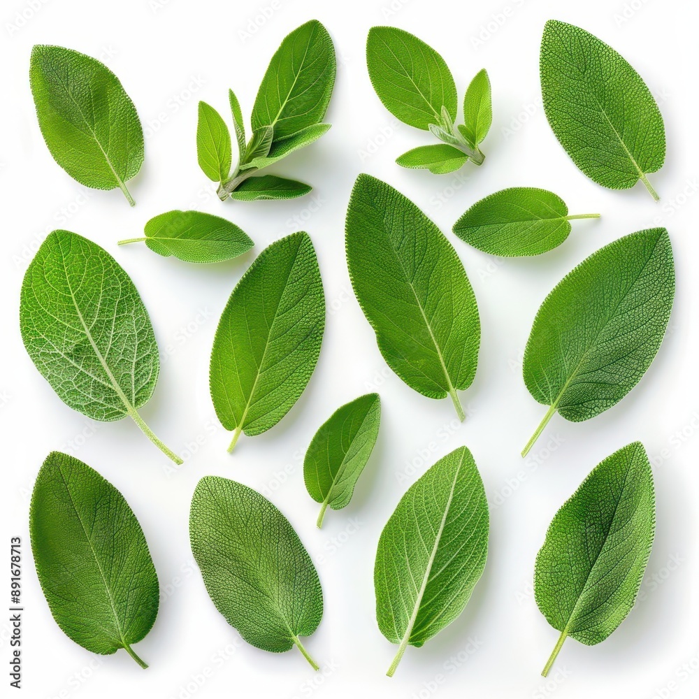 Fresh sage leaves arranged neatly Isolated on a solid white background, PNG dicut style, object as model Fresh sage leaves arranged neatly Isolated on a solid white background, PNG dicut style, object as model