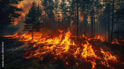 Burning forest fire, emphasizing the increasing frequency of wildfires