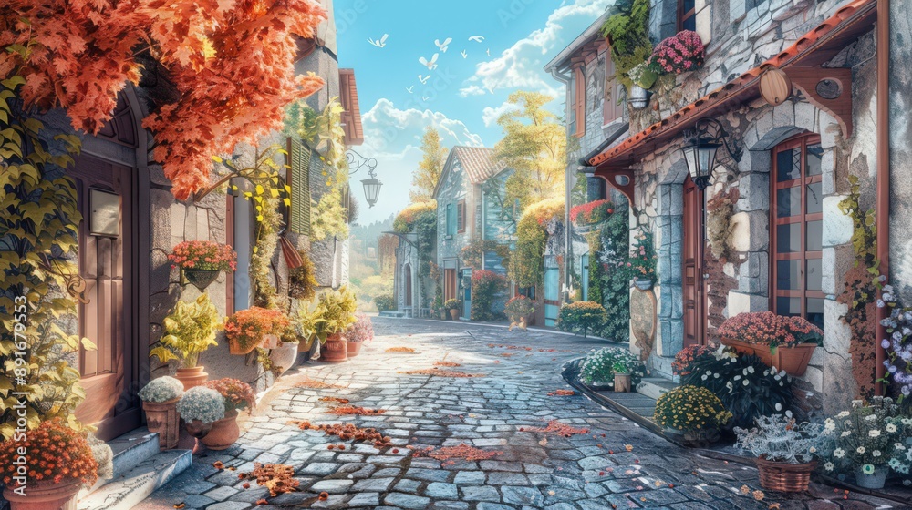 A gentle breeze flows through a quiet village street, carrying the scent of blooming flowers and freshly baked bread.