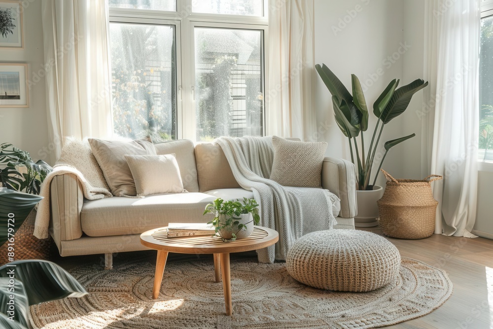 Bright and cozy living room with plants, beige sofa, and round coffee table, showcasing modern and minimalistic interior design. Bright and cozy living room with plants, beige sofa, and round coffee table, showcasing modern and minimalistic interior design.