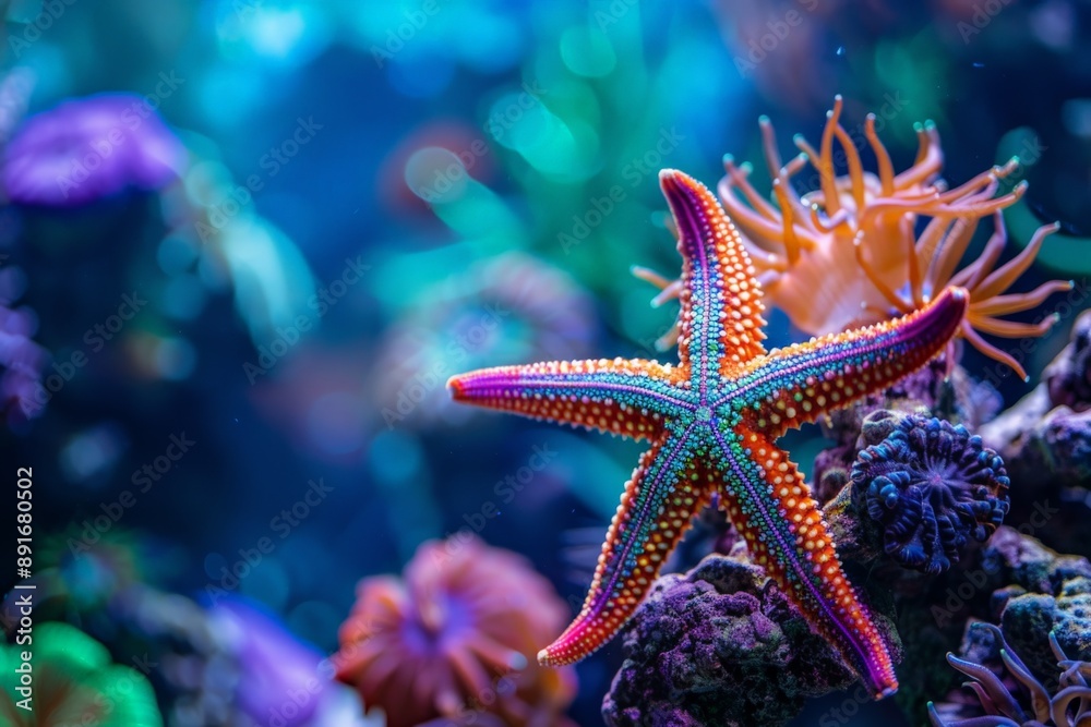A lively underwater image of a colorful starfish perched on coral, flanked by various sea anemones and other marine life, depicting the rich biodiversity of the ocean. A lively underwater image of a colorful starfish perched on coral, flanked by various sea anemones and other marine life, depicting the rich biodiversity of the ocean.
