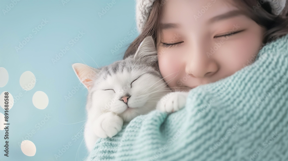 Cute portrait of a Korean girl and kitten Cute portrait of a Korean girl and kitten