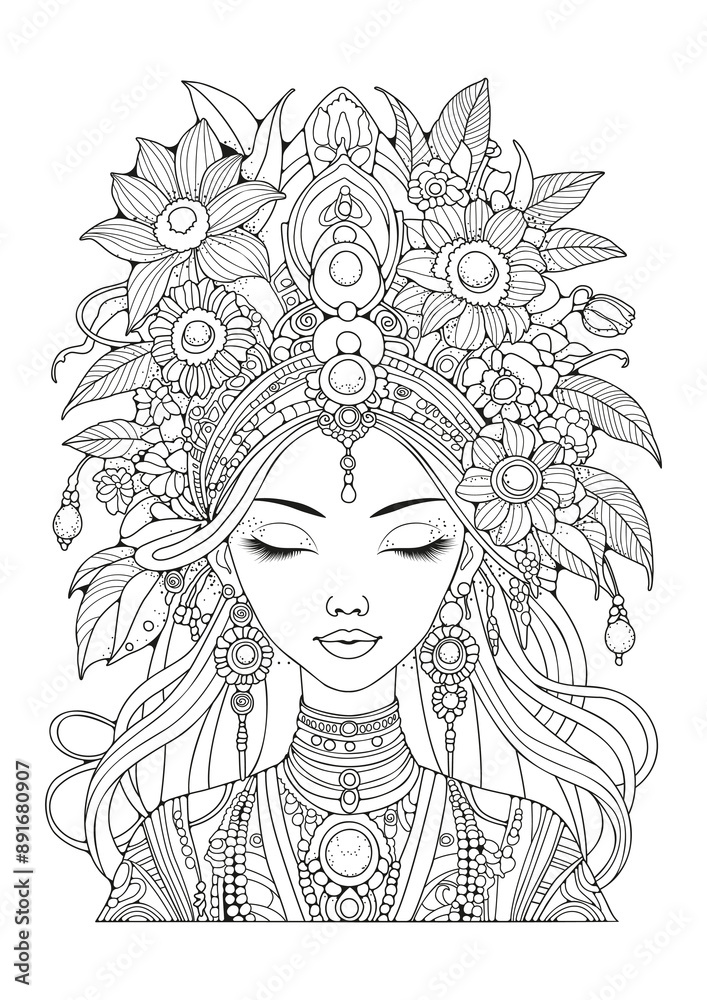 Beautiful girl in a headdress decorated with flowers. Coloring page. Therapy for children and adults. Black and white illustration for coloring. Beautiful girl in a headdress decorated with flowers. Coloring page. Therapy for children and adults. Black and white illustration for coloring.