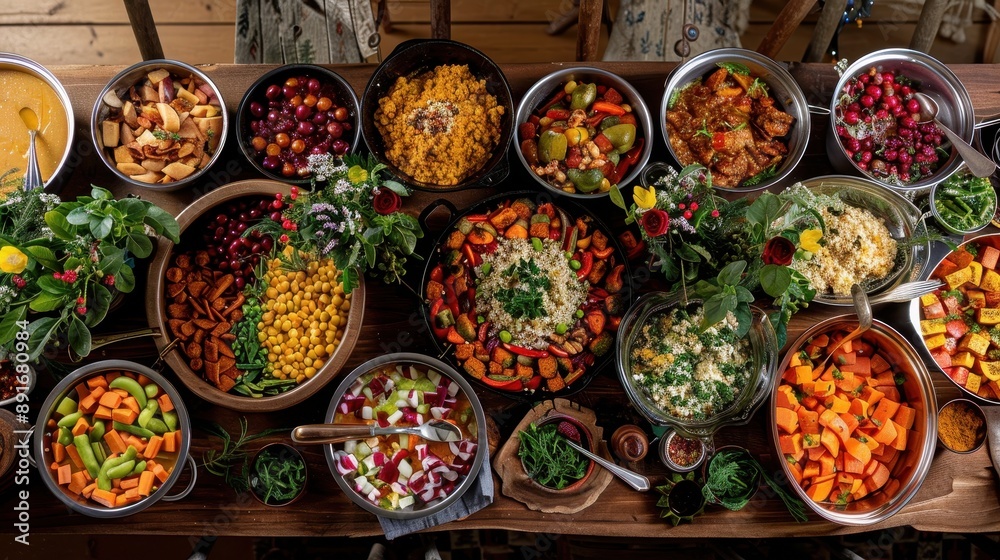 Bountiful Vegan Holiday Feast: Panoramic View of Plant-Based Delicacies Served on Festive Table Setting Bountiful Vegan Holiday Feast: Panoramic View of Plant-Based Delicacies Served on Festive Table Setting