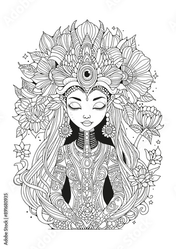 Beautiful young woman, fairy-tale character. Coloring book. Art therapy for children and adults. Black and white illustration for coloring.