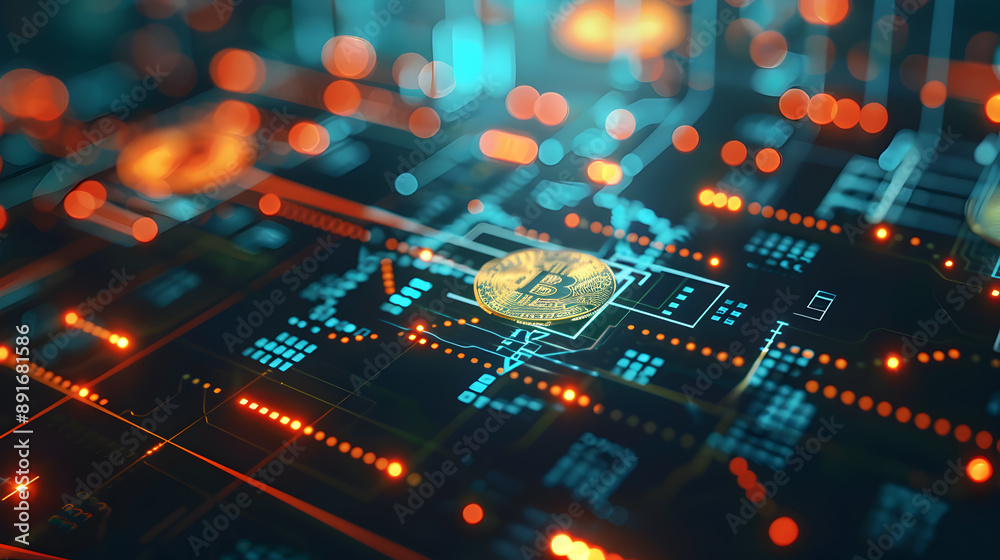 Bitcoin on the blockchain a digital currency symbolized by a gold coin representing secure transactions on a decentralized network