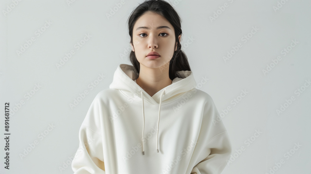 Minimalist Portrait of Young Woman in White Hoodie Minimalist Portrait of Young Woman in White Hoodie