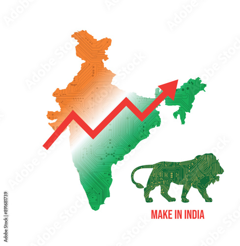 India development concept vector illustration. India map with up arrow., lion symbol 