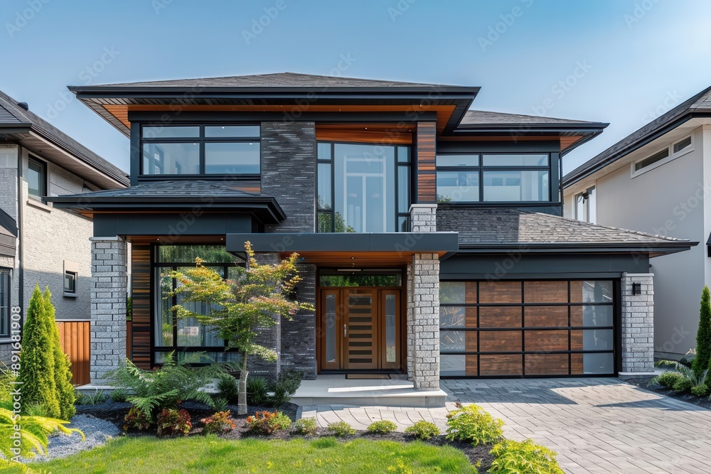 Modern two-story house with large windows and elegant landscaping, showcasing contemporary architectural design and luxury living. Modern two-story house with large windows and elegant landscaping, showcasing contemporary architectural design and luxury living.