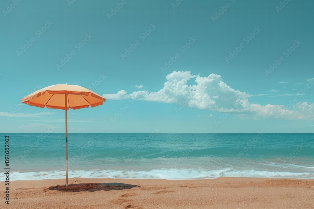 Tranquil beach scene with a solitary orange umbrella and calm waves under a clear blue sky with scattered clouds. Tranquil beach scene with a solitary orange umbrella and calm waves under a clear blue sky with scattered clouds.
