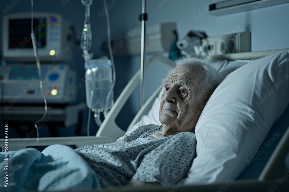 Obraz premium A senior patient is seen resting in a hospital bed with medical equipment around, indicating healthcare monitoring and treatment in a hospital environment.