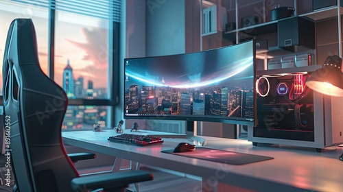 Desktop PC Setup, High End Gaming or Editing Computer with RGB Lights. Modern gaming setup High quality AI generated image