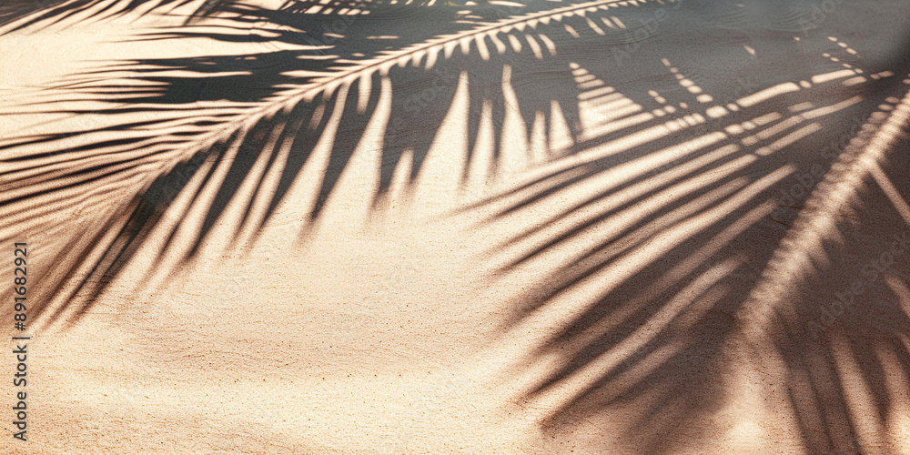 Obraz premium Shadow from palm leaves on golden sand. Hot Summer banner template for advertising cosmetics, tourism, backgrounds and wallpapers.