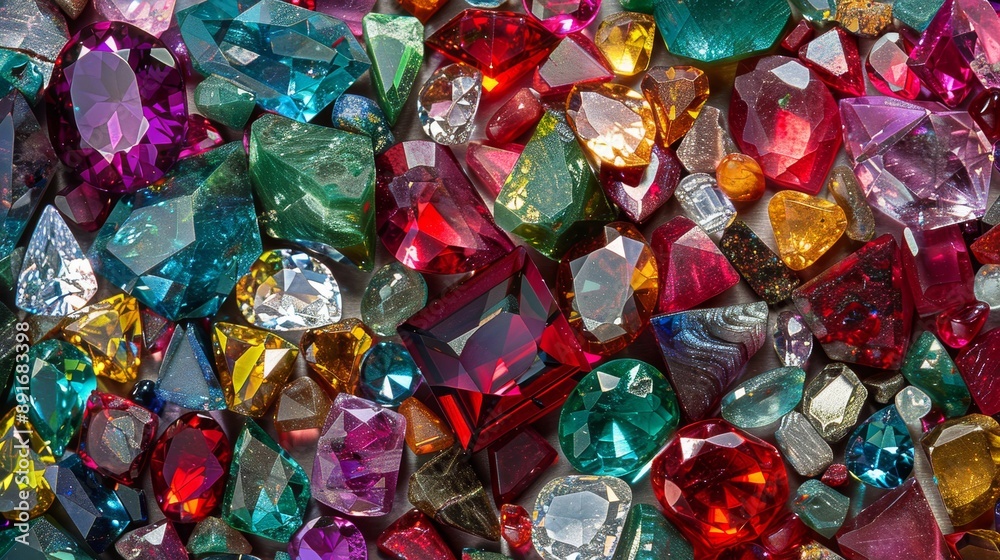 Luxurious background with assorted rubies, emeralds, sapphires, and diamonds in vibrant display Luxurious background with assorted rubies, emeralds, sapphires, and diamonds in vibrant display