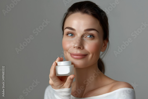 Caucasian Woman, age 40 with a natural look holding a cream pot, staring directly