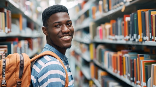 Cheerful male international student with backpack standing near bookshelves at university library or bookstore during break between lessons, wearing a striped shirt and smiling