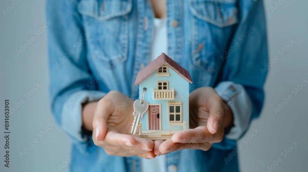 Realistic Photo Shoot of Female Real Estate Agent Holding Keys and House Model for Homeplus Global Realistic Photo Shoot of Female Real Estate Agent Holding Keys and House Model for Homeplus Global