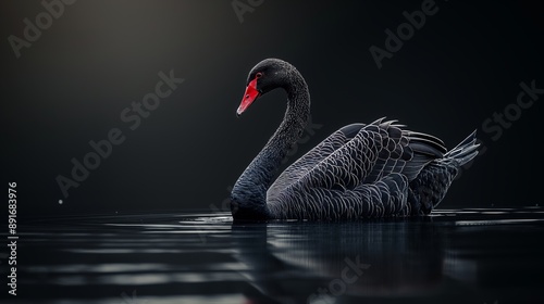 Fototapeta Naklejka Na Ścianę i Meble -  Australian black swan gracefully floating on calm water, set against a dark background, showcasing its striking black plumage and vibrant red bill, creating a dramatic and elegant scene