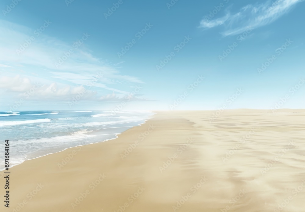 empty sandy beach with a blue sky and ocean in the background