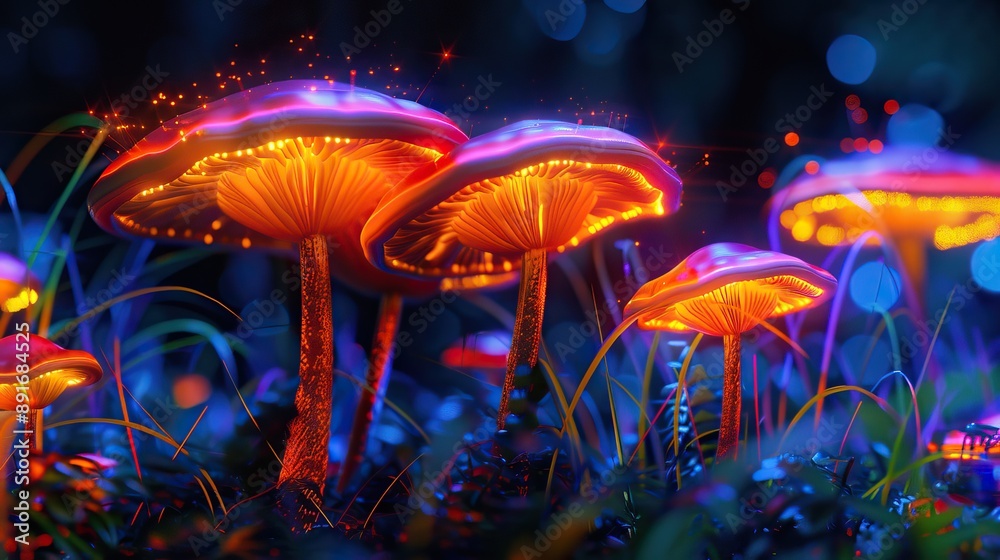 Colorful Neon Mushrooms. Mushroom background High quality AI generated image