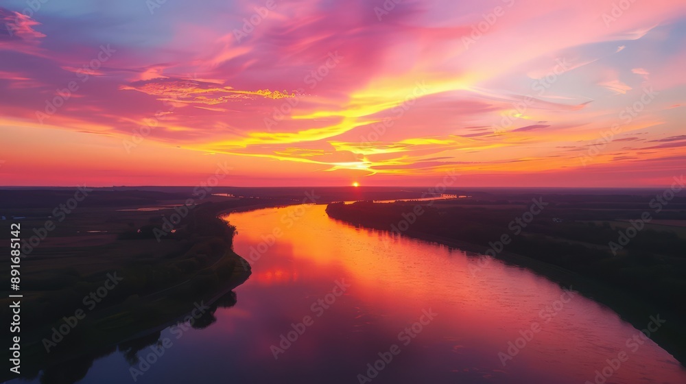Present an aerial view of a river during sunset, with the sky painted in vibrant hues of orange and pink. Present an aerial view of a river during sunset, with the sky painted in vibrant hues of orange and pink.
