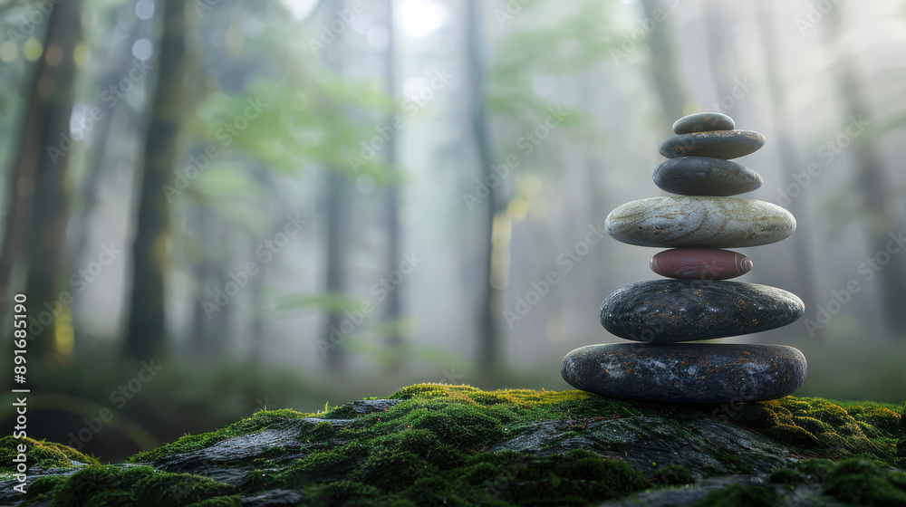 A photographic image of balanced stacked stones, smooth and multicolored, with a misty forest background. The stones resting on a mossy surface A photographic image of balanced stacked stones, smooth and multicolored, with a misty forest background. The stones resting on a mossy surface