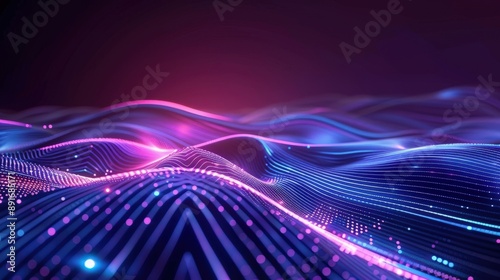 A digital landscape with glowing lines and waves in pink and blue hues, creating an abstract and futuristic background